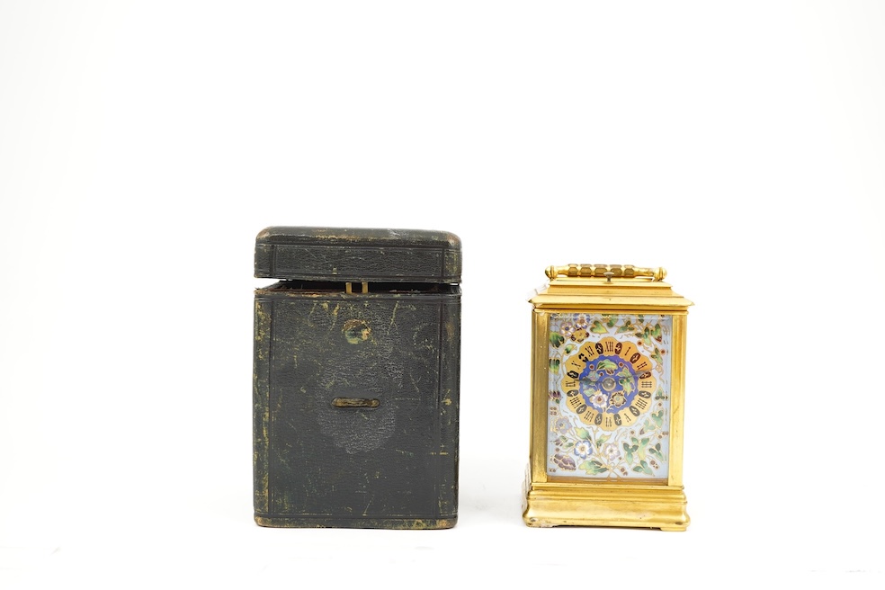 A late 19th century French Champlevé enamel repeating carriage clock